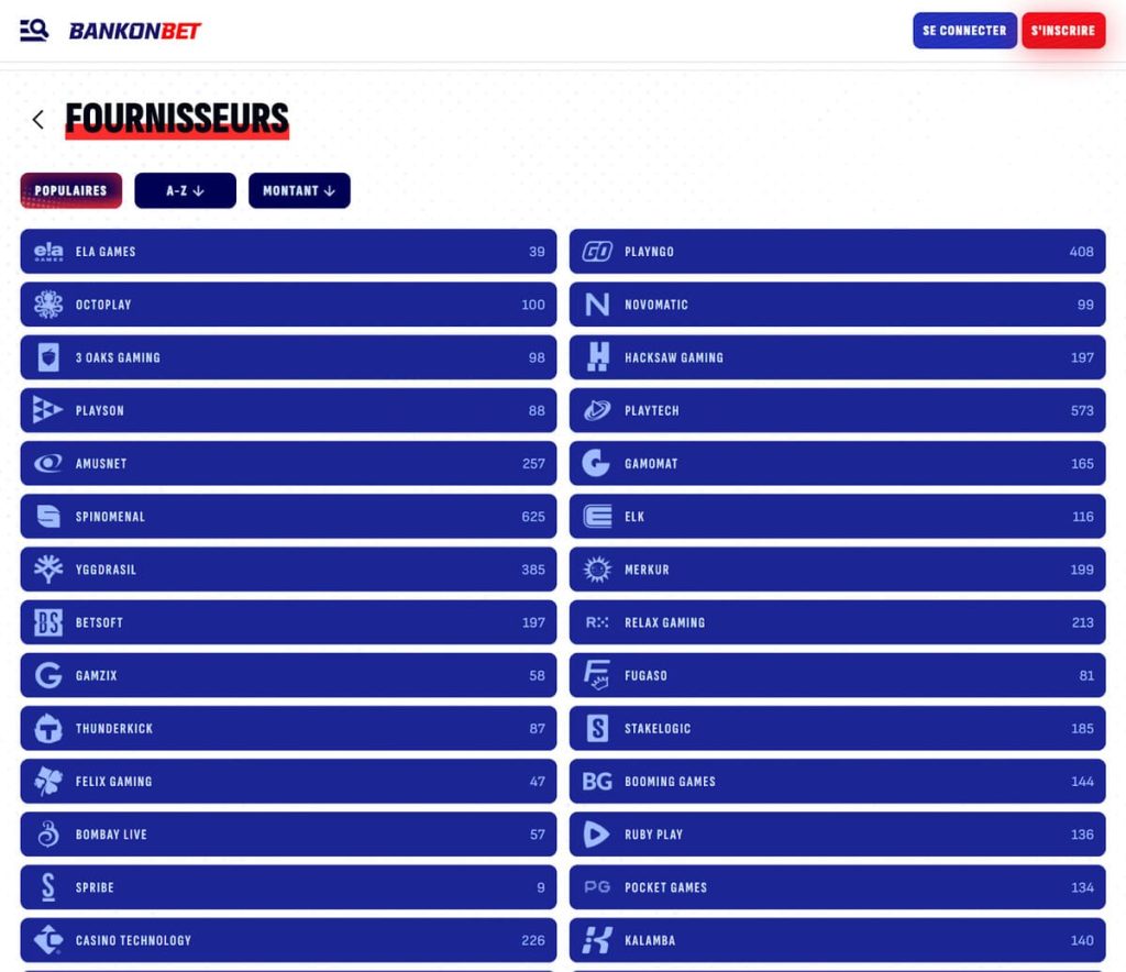 Bankonbet Casino fournisseurs