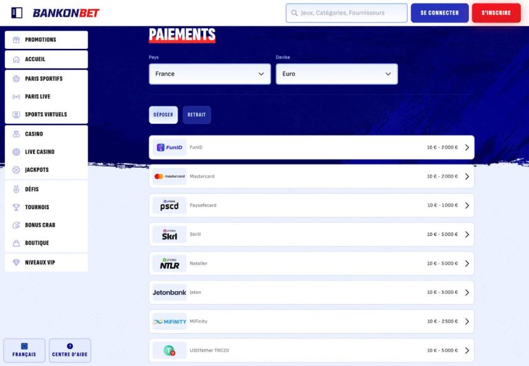 Bankonbet Casino moyens paiement